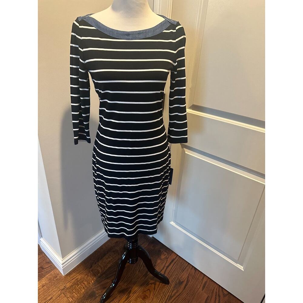 Tommy Hilfiger Black White Horizontal Stripe Denim Neckline Dress SZ 8 NWT